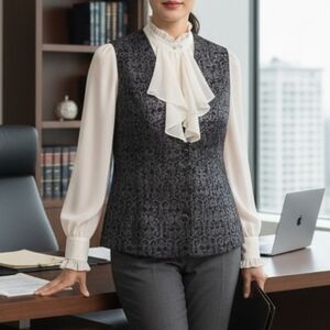 VTG Black Silver Brocade Vest US14 Cottagecore Goth Dark Academia